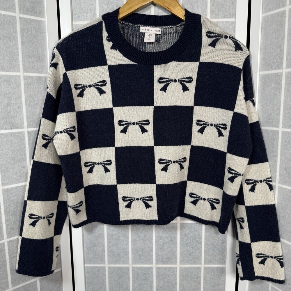 Sincerely Jules Sweater Womens S Blue Cream Check  Bow Graphic Preppy Girly Crop